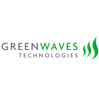 Logo for Greenwaves Technologies with text in grey and green. Three green vertical waves to the right.