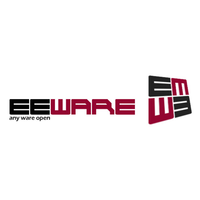 Logotype for EEWare with letters in black and dark red.