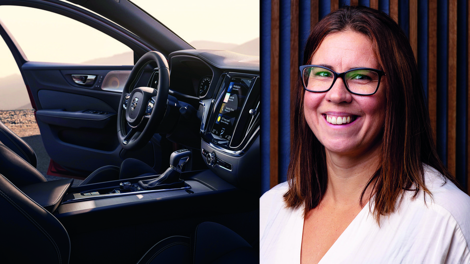 A double picure. To the left: The driver's compartment in a car. To the right: Portrait of a woman with dark hair and glasses.