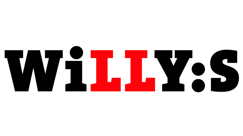 Logotyp med namnet Willys. De två L:en är röda, övrig text svart.