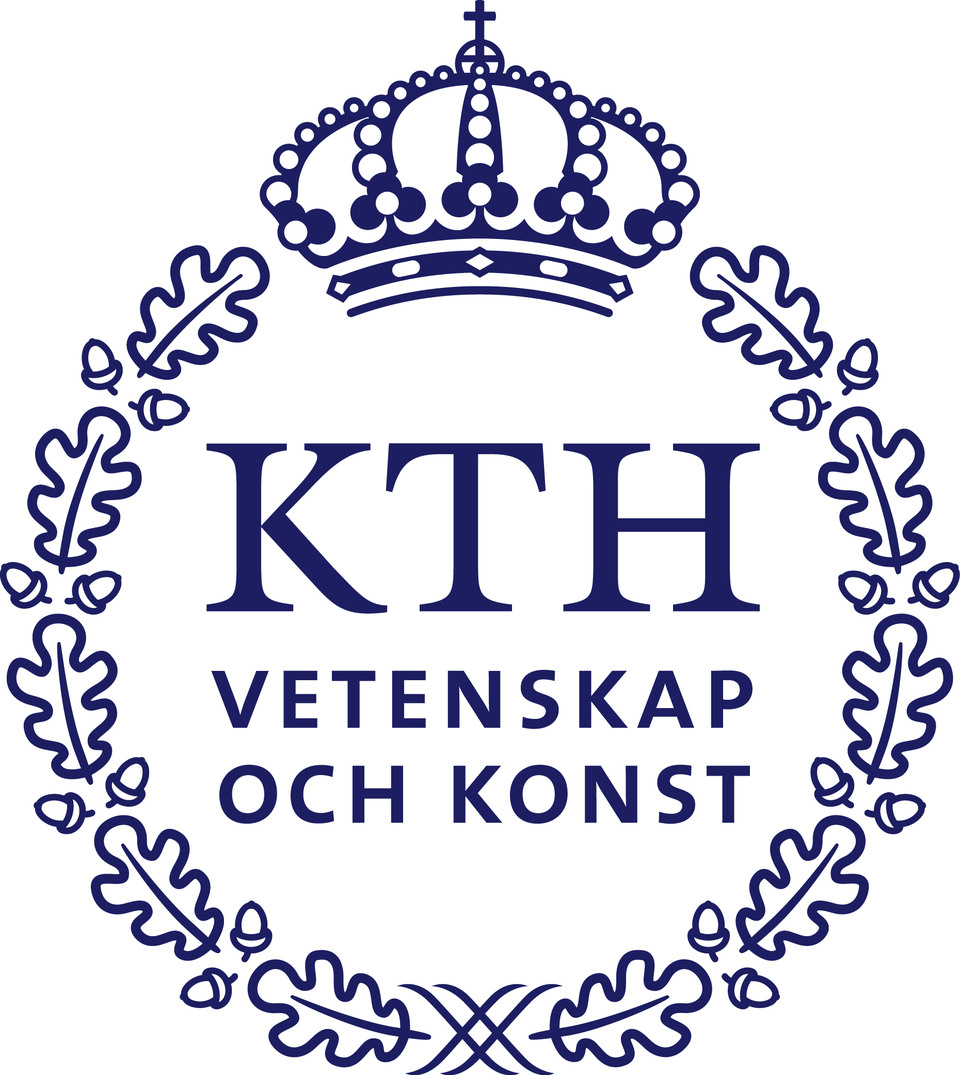 Logotyp i blått. Bokstäverna KTH och orden Vetenskap och konst ligger i en eklövskrans med krona överst. 